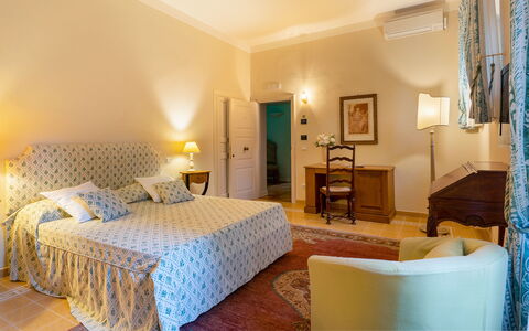 Tenuta di Pratello 24: Furniture, Interior Design, Flooring, Floor, Wall, Room, Table, Ceiling, Bed, Bedroom