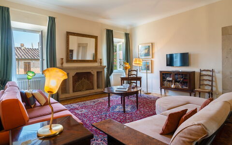 Tenuta di Pratello 24: Interior Design, Furniture, Wall, Flooring, Wood, Floor, Ceiling, Room, Couch, Living Room