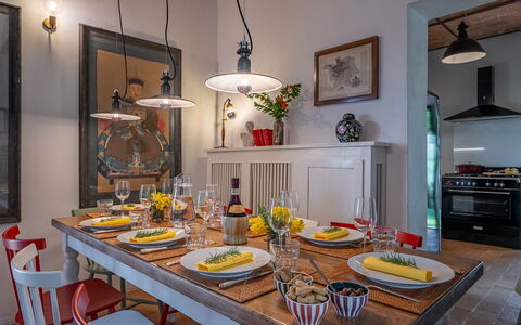 Villa Caterina 8: Furniture, Interior Design, Table, Dining Room, Light Fixture, Kitchen & Dining Room Table, Chair, Ceiling, Tableware, Lighting