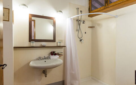 Podere Fabbrica 12: Wall, Interior Design, Plumbing Fixture, Bathroom Sink, Bathroom, Wood, Flooring, Floor, Ceiling, Mirror