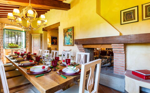 Villa Elisa 16: Furniture, Interior Design, Table, Wood, Chair, Kitchen & Dining Room Table, Ceiling, Room, Dining Room, Flooring