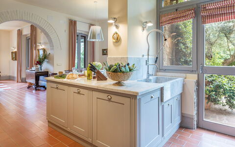Villa Il Cedro 10+1: Kitchen, Interior Design, Countertop, Furniture, Flooring, Cabinetry, Kitchen Appliance, Home, Lighting, Tap