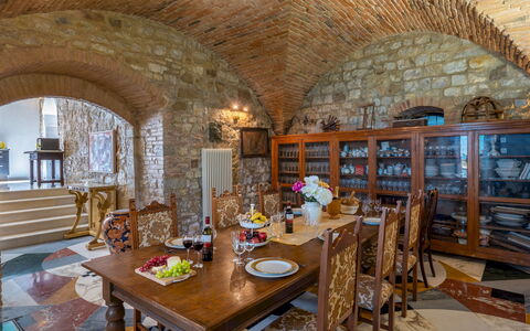 Torre al Poggio 8: Furniture, Interior Design, Flooring, Floor, Table, Ceiling, Chair, Lighting, Dining Room, Kitchen & Dining Room Table