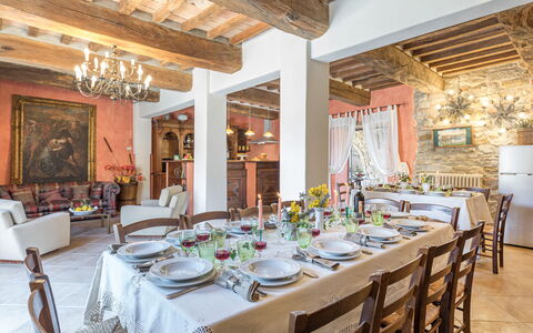 Podere le Corone 14: Furniture, Interior Design, Table, Chair, Wood, Flooring, Kitchen & Dining Room Table, Ceiling, Dining Room, Lighting