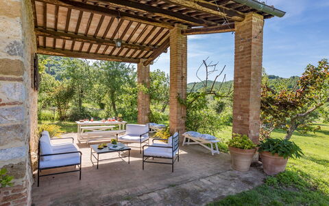 Podere Pratovecchio 14+2: Furniture, Outdoor Furniture, Garden, Chair, Outdoor Structure, Backyard, Shade, Landscaping, Porch, Patio