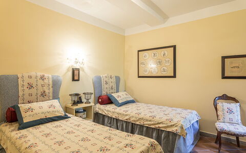 Villa Rinaldi 6: Furniture, Bed, Interior Design, Bedroom, Bedding, Wall, Bed Sheet, Room, Floor, Linens