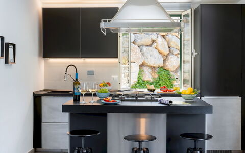 Villa Pietro 10: Furniture, Kitchen, Interior Design, Countertop, Flooring, Kitchen Appliance, Light Fixture, Ceiling, Lighting, Cabinetry