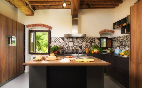 La Vecchia Pieve 8: Furniture, Interior Design, Kitchen, Flooring, Countertop, Wood, Ceiling, Floor, Light Fixture, Room