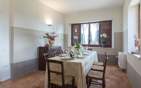 Villa Anna Elisa 8: Furniture, Interior Design, Flooring, Dining Room, Kitchen & Dining Room Table, Ceiling, Table, Floor, Lighting, Room