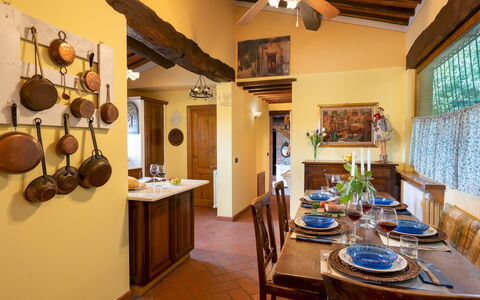 Podere Belvedere 6: Furniture, Interior Design, Wood, Ceiling, Table, Kitchen & Dining Room Table, Lighting, Dining Room, Flooring, Chair