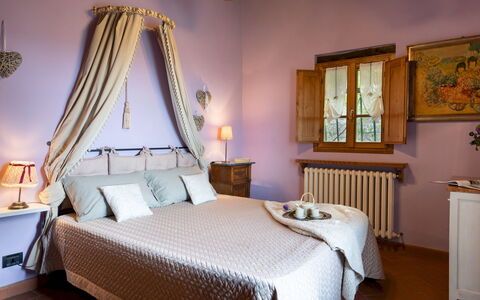 Podere Belvedere 6: Furniture, Interior Design, Bed, Bedroom, Linens, Bedding, Bed Sheet, Room, Textile, Lighting