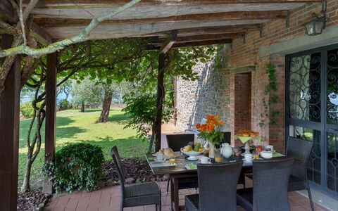 Podere Belvedere 6: Furniture, Table, Outdoor Furniture, Chair, Outdoor Table, Kitchen & Dining Room Table, Garden, Flowerpot, Shade