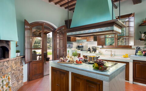Villa Nikka 6: Kitchen, Interior Design, Furniture, Countertop, Wood, Flooring, Cabinetry, Home, Ceiling, Lighting