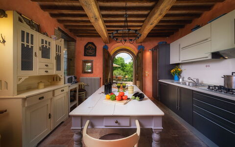 Podere Santa Croce 10: Furniture, Interior Design, Flooring, Wood, Kitchen, Ceiling, Table, Floor, Lighting, Chair
