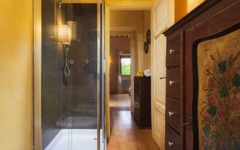 Podere Santa Croce 10: Flooring, Wall, Interior Design, Floor, Wood, Plumbing Fixture, Door, Bathroom, Lighting, Home