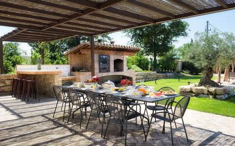 Villa Flaminia 8+2 -: Furniture, Table, Outdoor Furniture, Garden, Chair, Outdoor Table, Backyard, Patio, Flagstone, Shade