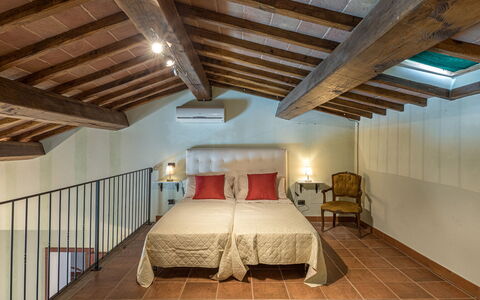 Podere Montioni 6+2: Furniture, Interior Design, Ceiling, Flooring, Bedroom, Floor, Room, Bed, Lighting, Bed Frame