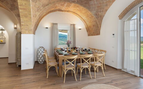 Casolare San Martino 12: Interior Design, Ceiling, Flooring, Furniture, Kitchen & Dining Room Table, Chair, Wood Stain, Light Fixture, Wood Flooring, Dining Room