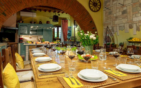 Podere Giardino 16+2: Furniture, Interior Design, Table, Chair, Dining Room, Wood, Tableware, Kitchen & Dining Room Table, Ceiling, Room