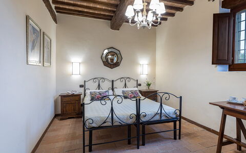 Villa le Tornaie 14: Furniture, Bedroom, Flooring, Interior Design, Bed, Floor, Ceiling, Lighting, Bed Frame, Room