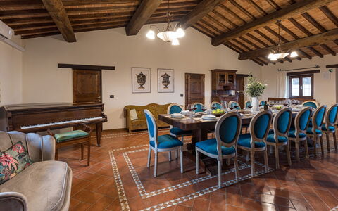 Villa le Tornaie 14: Furniture, Interior Design, Flooring, Table, Wood, Ceiling, Floor, Chair, Room, Dining Room