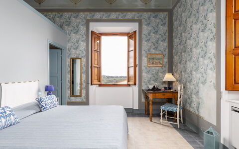 Villa Treggiaia 12+2: Interior Design, Furniture, Flooring, Floor, Room, Linens, Bedroom, Picture Frame, Chair, Bed