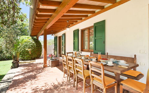 Villa Castiglione 9: Wood, Furniture, Porch, Home, Door, Cottage, Kitchen & Dining Room Table, Outdoor Furniture, Outdoor Table, Wood Stain