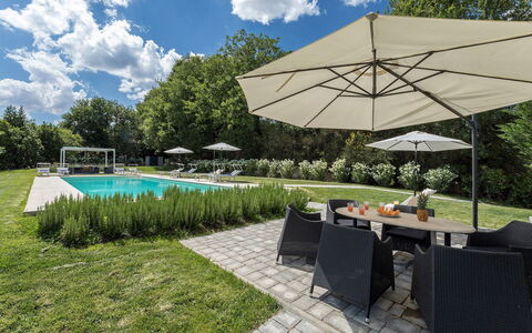 Villa Pianello 10: Swimming Pool, Outdoor Furniture, Furniture, Garden, Sunlounger, Resort, Landscaping, Shade, Chair, Umbrella