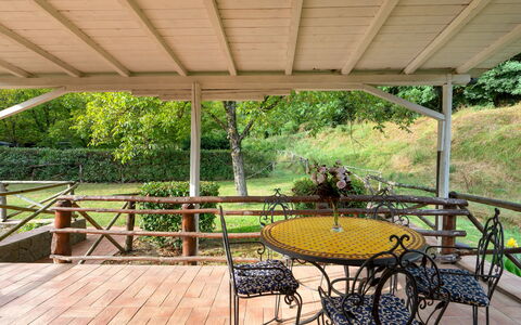 Valleverde 28+2: Wood, Furniture, Porch, Outdoor Structure, Outdoor Furniture, Shade, Outdoor Table, Chair, Backyard, Wood Stain