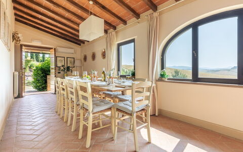 Casale Teatro 10: Furniture, Interior Design, Table, Kitchen & Dining Room Table, Chair, Home, Dining Room, Ceiling, Houseplant, Villa