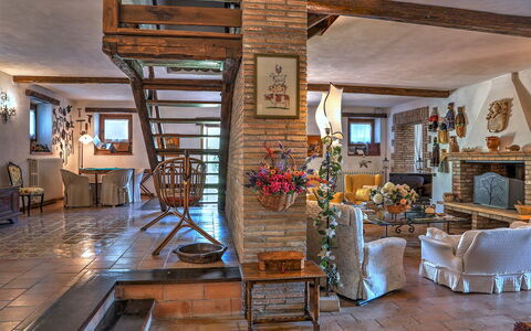 Casale Tre Cipressi 10: Furniture, Interior Design, Ceiling, Table, Chair, Home, Flooring, Room, Living Room, Flowerpot