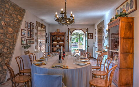 Casale Tre Cipressi 10: Furniture, Interior Design, Table, Chair, Lighting, Ceiling, Dining Room, Kitchen & Dining Room Table, Flooring, Light Fixture