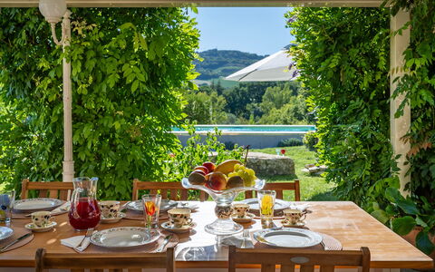 Casale delle Farfalle 12: Furniture, Table, Tableware, Chair, Kitchen & Dining Room Table, Tablecloth, Food, Outdoor Table, Serveware, Outdoor Furniture