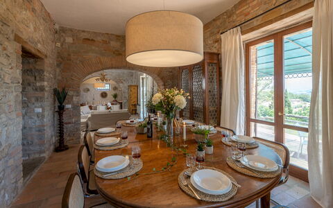 Villa la Pizzichina 10: Furniture, Interior Design, Wall, Table, Chair, Kitchen & Dining Room Table, Ceiling, Flooring, Dining Room, Lighting