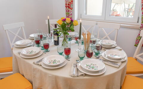 La Collina degli Ulivi 8+2: Furniture, Tableware, Table, Tablecloth, Serveware, Dishware, Linens, Dining Room, Textile