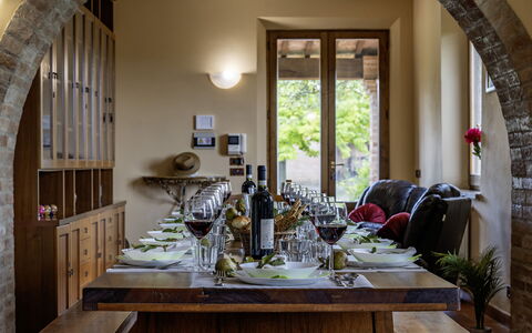 Podere Gellino 14: Furniture, Interior Design, Table, Wood, Chair, Flooring, Tableware, Lighting, Kitchen & Dining Room Table, Dining Room