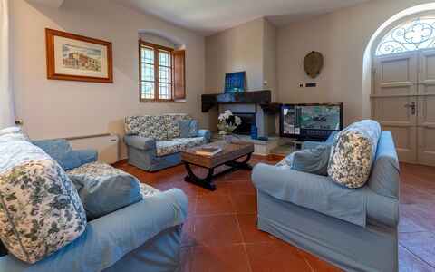 Podere Sant'Eugenio 14: Furniture, Interior Design, Flooring, Couch, Room, Floor, Table, Living Room, Lighting, Ceiling