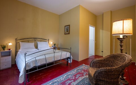 Podere Sant'Eugenio 14: Wall, Interior Design, Bed, Flooring, Floor, Bedroom, Furniture, Wood, Bed Sheet, Ceiling