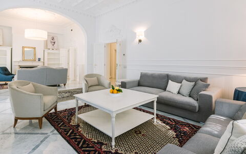 Villa la Perla Bianca 10: Furniture, Interior Design, Couch, Flooring, Living Room, Floor, Ceiling, Table, Room, Lighting