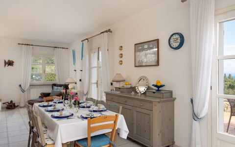 Villa Perelle 8: Furniture, Interior Design, Chair, Table, Flooring, Kitchen & Dining Room Table, Floor, Room, Dining Room, Ceiling