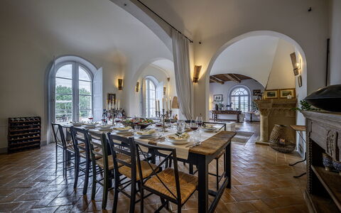 Podere Vernine di Sotto 14: Furniture, Interior Design, Table, Chair, Kitchen & Dining Room Table, Dining Room, Flooring, Ceiling, Room, Glass