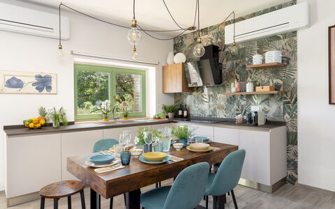 Cottage Dolcevista 4+2: Furniture, Interior Design, Kitchen, Countertop, Light Fixture, Wood, Flooring, Room, Ceiling, Lighting