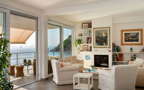 Villa Il Faro 10: Furniture, Interior Design, Flooring, Table, Floor, Chair, Wood, Couch, Room, Living Room