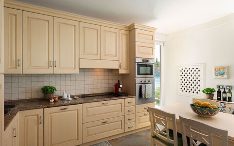Villa Il Faro 10: Kitchen, Cabinetry, Countertop, Flooring, Interior Design, Furniture, Wood, Kitchen Appliance, Floor, Cupboard