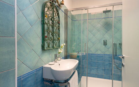 Villa Il Faro 10: Blue, Bathroom, Plumbing Fixture, Interior Design, Flooring, Floor, Plumbing, Tile, Mirror, Tap