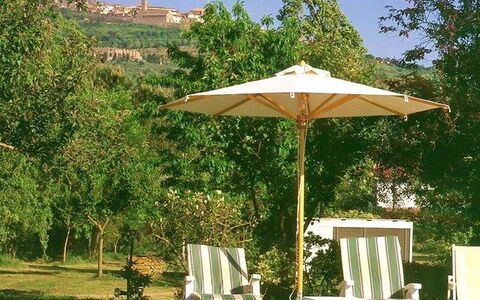 San Pietro: Umbrella, Shade, Canopy, Table, Tree, Sky, Fashion Accessory, Furniture, Grass, Real Estate