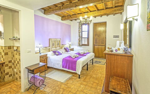 Villa Amadeo: Room, Property, Furniture, Interior Design, Bedroom, Building, Suite, Purple, Bed, Yellow