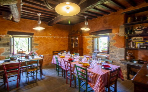 Torre di Vignale: Furniture, Table, Kitchen & Dining Room Table, Chair, Restaurant, Dining Room, Eco Hotel, Wood Stain, Farmhouse, Coffee Table