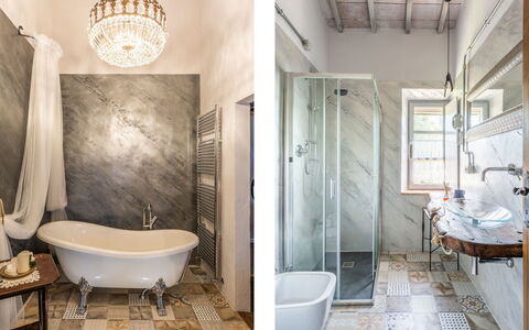 Villa Castiglione: Bathroom, Wall, Plumbing Fixture, Interior Design, Flooring, Floor, Plumbing, Lighting, Home, Tap