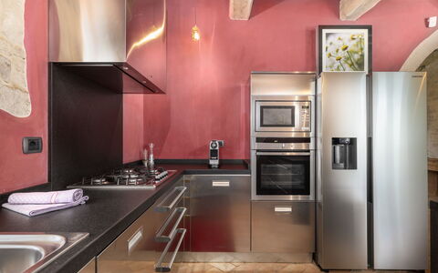 Villa Ferdinando: Kitchen, Kitchen Appliance, Countertop, Interior Design, Major Appliance, Furniture, Flooring, Home Appliance, Wood, Home